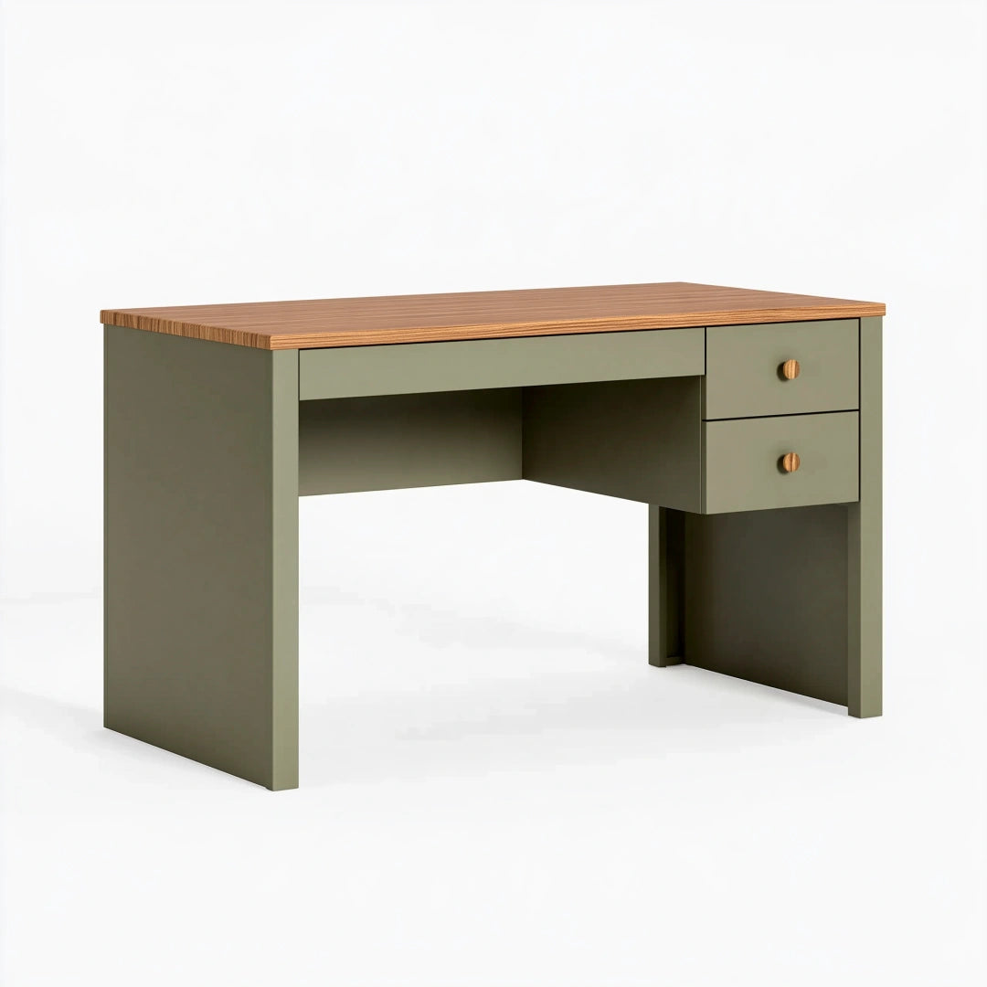 Schreibtisch 120 x 60 x 75 cm Holzwerkstoff Olivgrün Naturbraun - 2 Schubladen moderner Arbeitsplatz