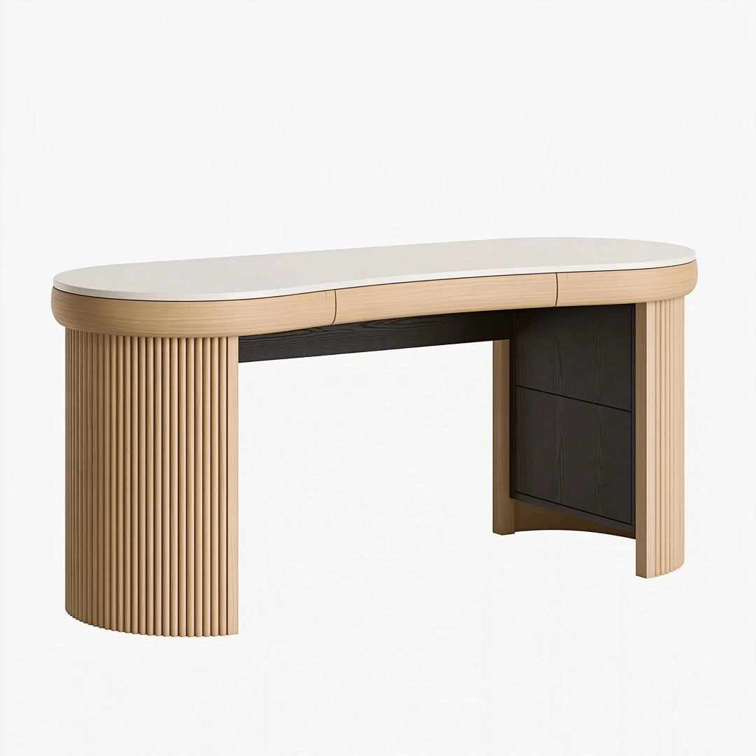 Schreibtisch 160 x 60 x 75 cm Holzoptik Beige Weiß mit Schubladen geriffeltes Design