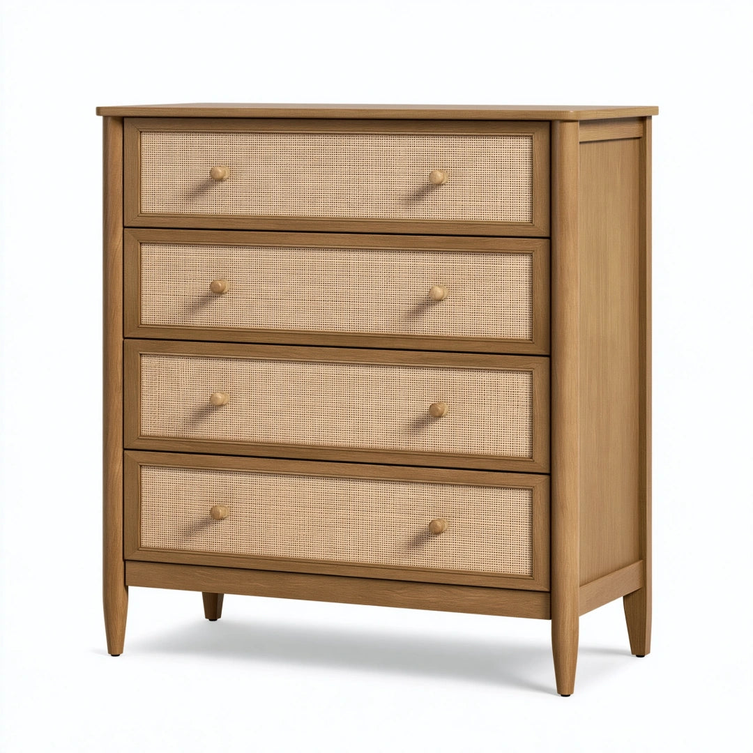 Kommode 90 x 45 x 110 cm aus Holz in Natur mit Rattangeflecht im Retro-Stil