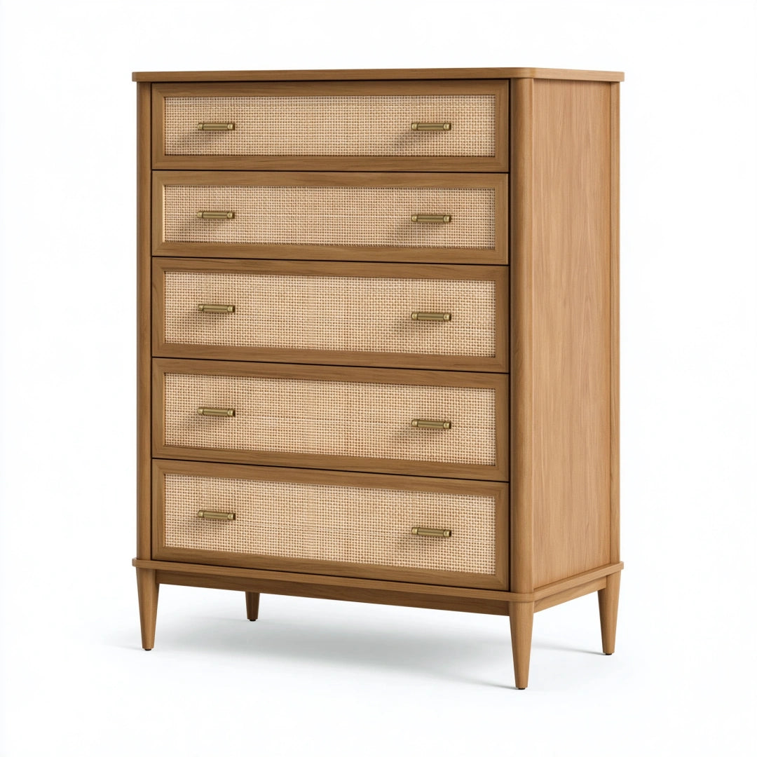 Kommode 90 x 45 x 130 cm aus Holz und Rattangeflecht in Naturbraun - mit 5 Schubladen im Retro-Stil