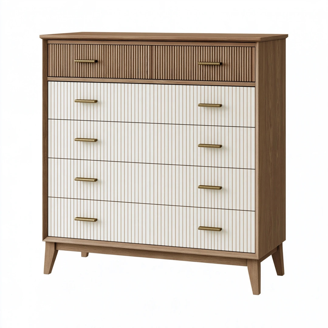 Kommode 100 x 45 x 120 cm in Walnussbraun und Creme aus Holzwerkstoff mit 6 Schubladen im Retro-Stil