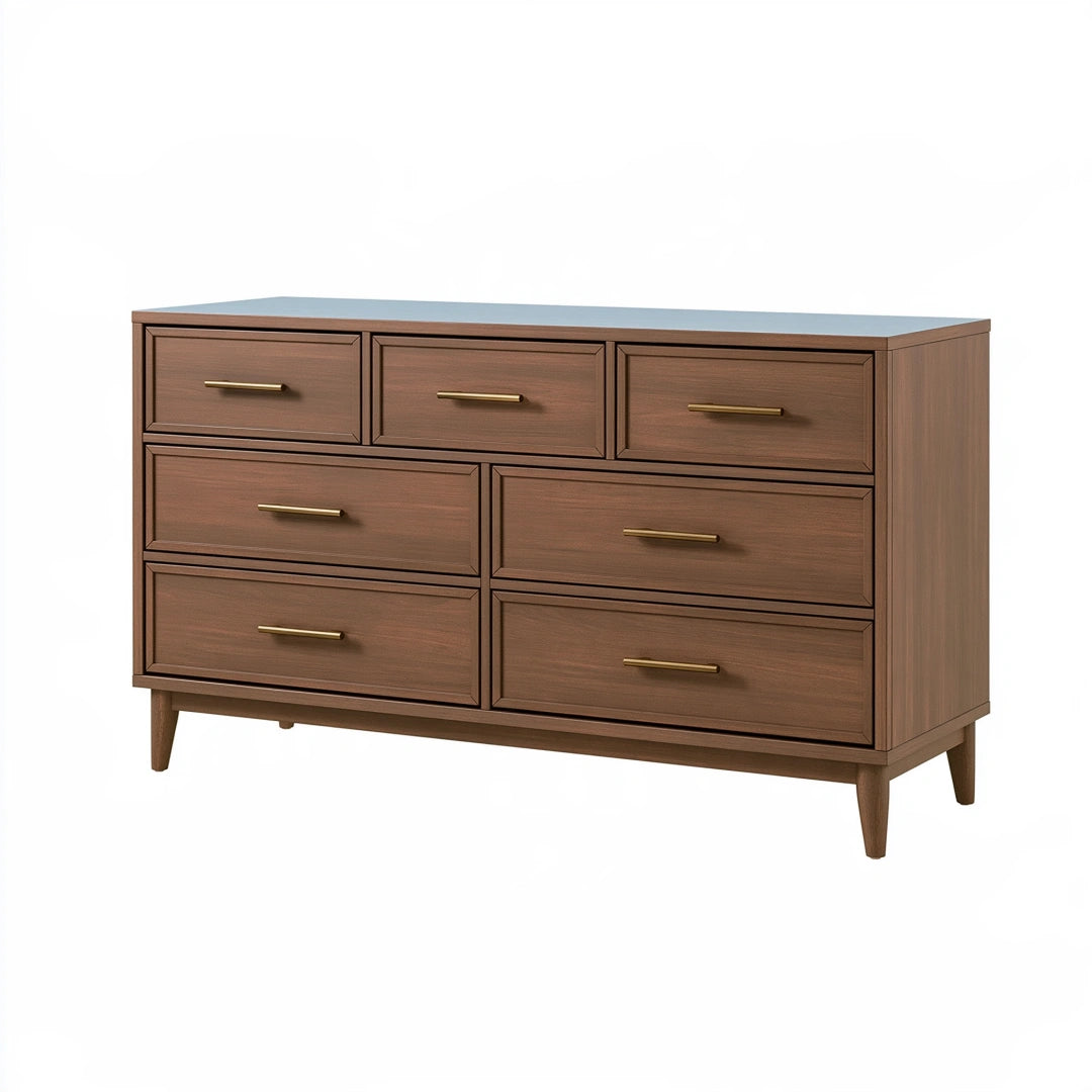 Kommode 150 x 45 x 85 cm in Walnussbraun aus Holzwerkstoff mit 7 Schubladen im Mid-Century-Stil