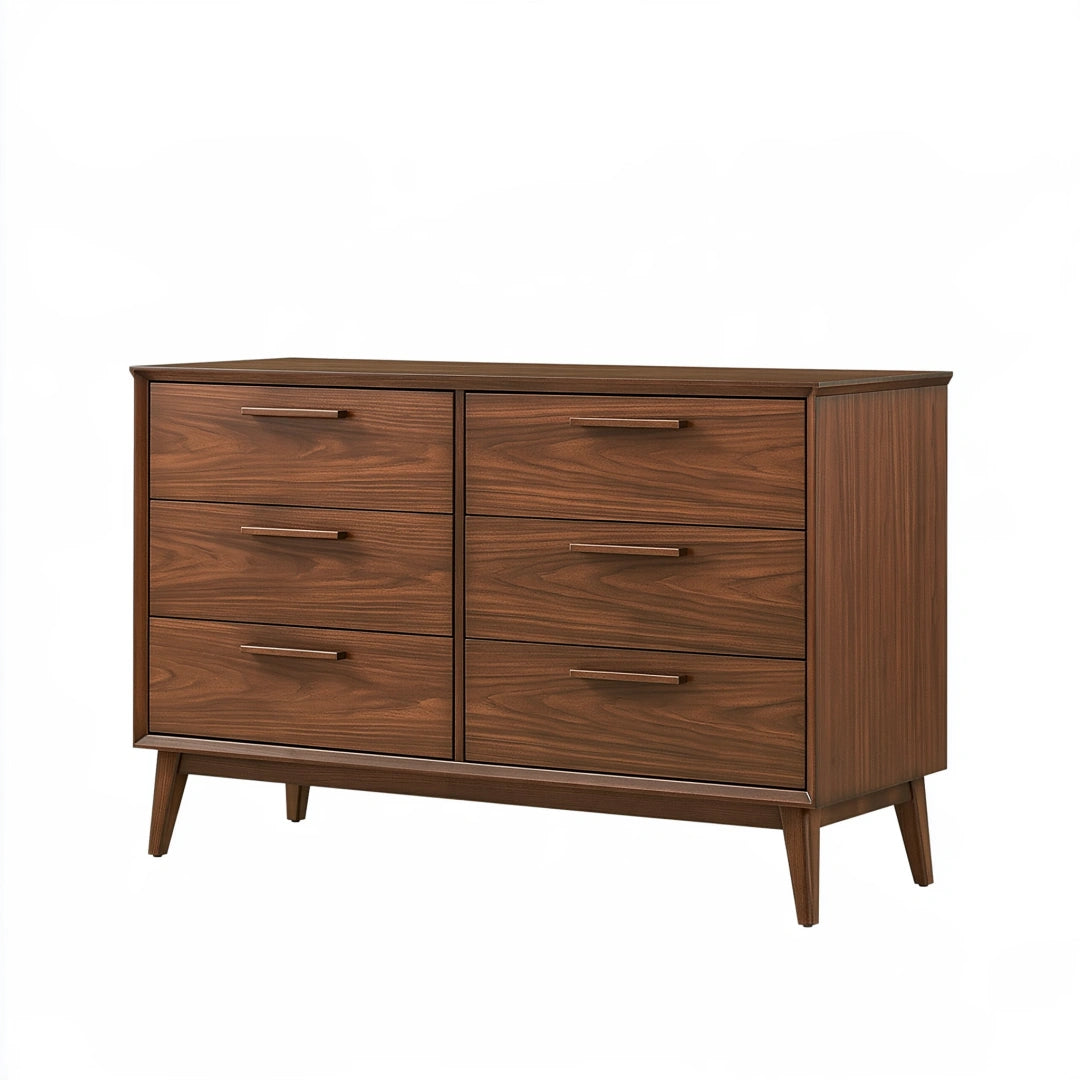 Kommode 150 x 45 x 90 cm aus Holz in Walnussbraun mit 6 Schubladen im Mid Century Stil