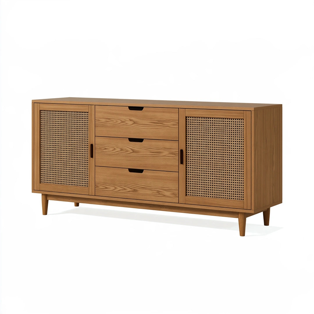 Sideboard 160 x 40 x 80 cm Holz Naturbraun mit Rattangeflecht im Retro-Stil