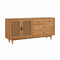 Sideboard 160 x 40 x 80 cm aus Holz in Natur mit Rattangeflecht - Mid-Century Aufbewahrungsschrank
