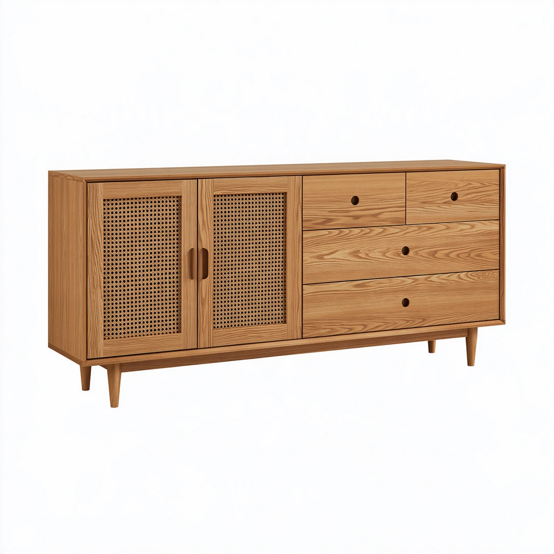 Sideboard 160 x 40 x 80 cm aus Holz in Natur mit Rattangeflecht - Mid-Century Aufbewahrungsschrank