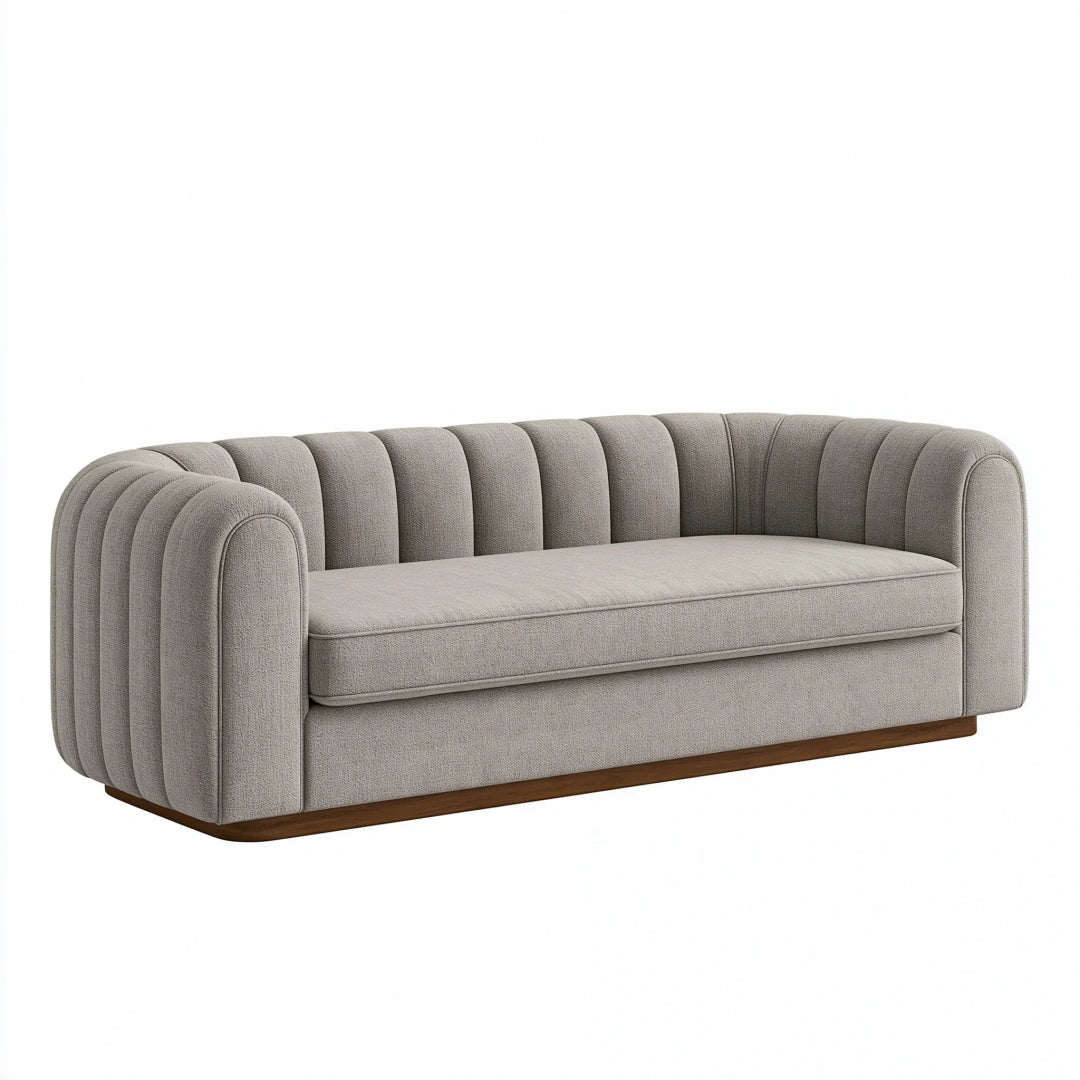 2-Sitzer Sofa 180 x 90 x 75 cm in Greige mit Textilbezug und Holzsockel - Modernes Rillendesign