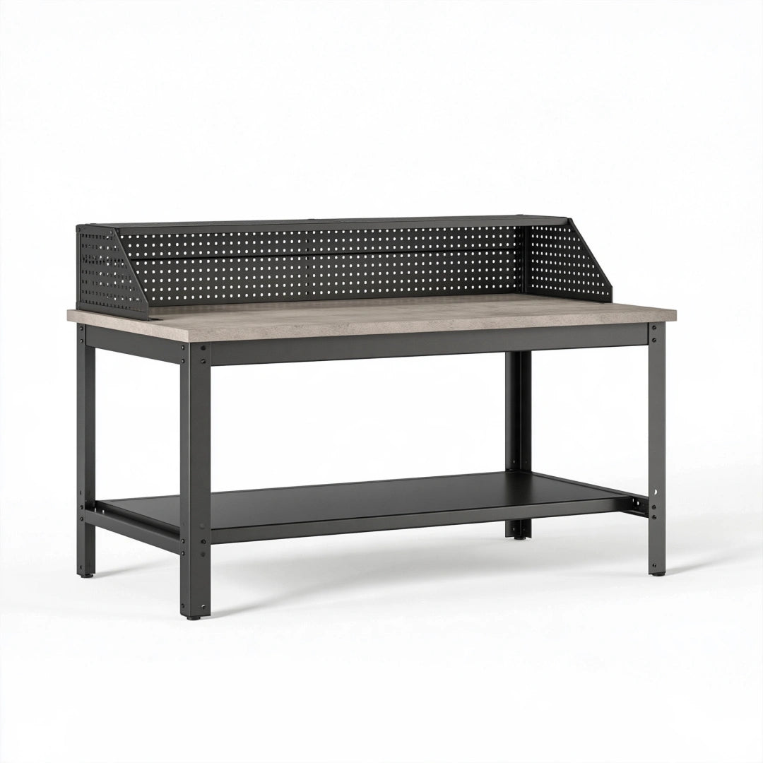 Werkbank 120 x 60 x 90 cm aus Stahl und Holzwerkstoff Schwarz Grau im Industriestil mit Lochwand und Ablage