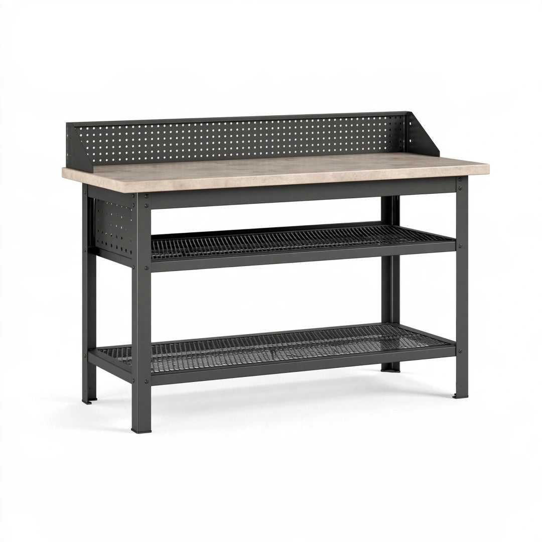 Werkbank 120 x 60 x 90 cm Stahl Holzoptik Grau Schwarz mit Lochwand und Ablagen