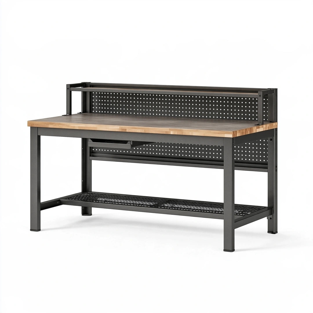 Werkbank 120 x 60 x 150 cm aus Stahl und Holz Schwarz/Natur mit Lochwand und Ablage im Industriestil