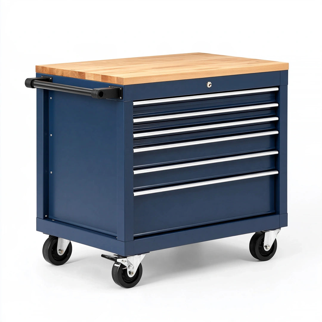 Werkzeugwagen 77x46x96 cm Stahl Holz Dunkelblau mobil mit 7 Schubladen