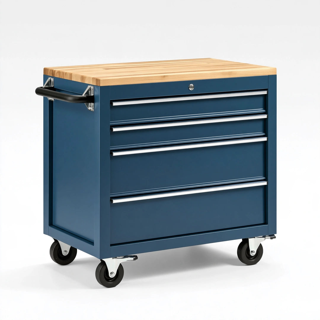 Werkzeugwagen 85 cm Stahl Holz Arbeitsplatte Blau mit 4 Schubladen