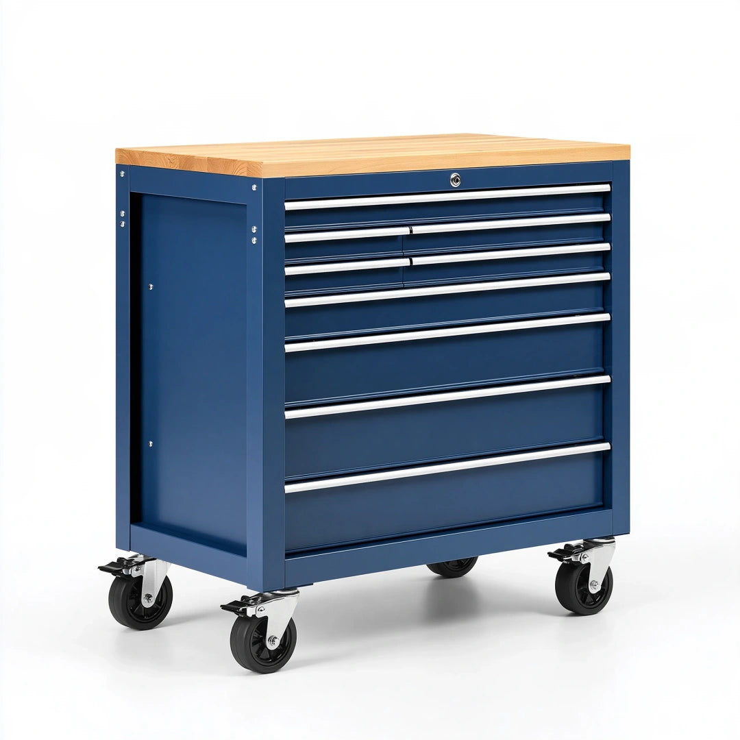 Werkzeugwagen 80 x 46 x 95 cm aus Stahl Blau mit Holzarbeitsplatte und 9 Schubladen